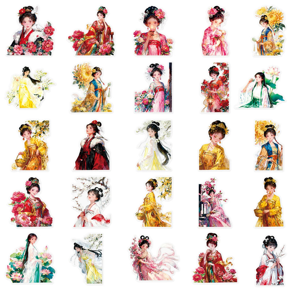 50/100PCS Transparent Stickers Cartoon Girl Hanfu Exquisite PET Notebook Account Stationery Stickers