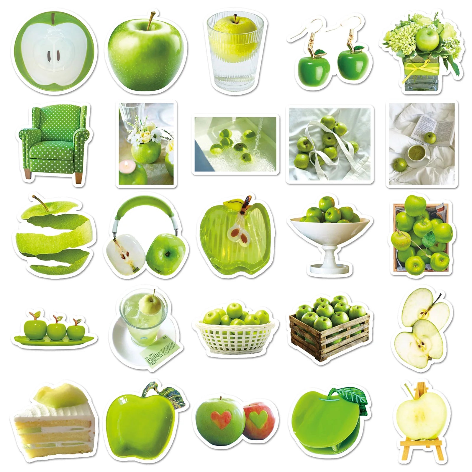 50Pcs Green Apple Aesthetic Stickers, Realistic Decals for Organizer Box Tumbler Journal DIY Decor Children's Stationery Sticker