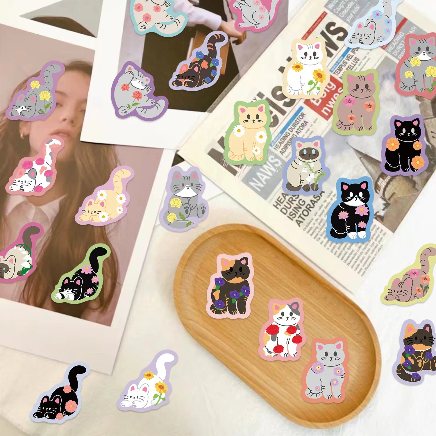 50/100PCS Colorful Edge Flower Cat Cartoon Image Graffiti Stickers Trolley Box Diary Waterproof Stationery Decorative Sticke