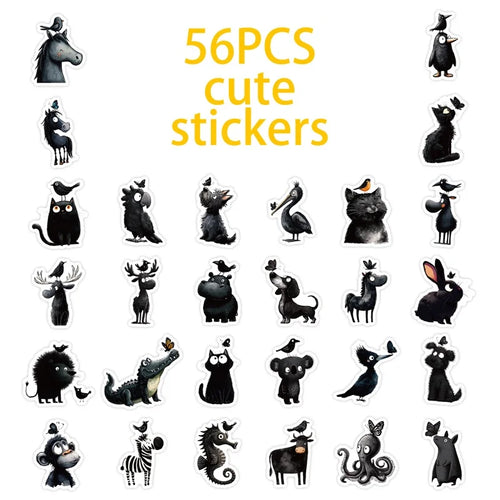 10/30/56PCS Cartoon Black Animal PVC Sticky Sticker Aesthetic Colored Children's DIY Decoration Scrapbooking School Supplies