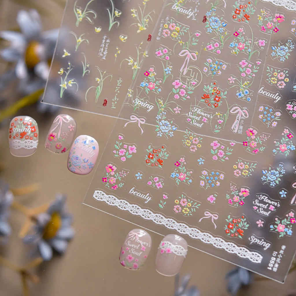 Spring and Summer Lace Flower Theme Nail Stickers Hollow Lotus Leaves Blooming Flowers Self Adhesive Nails 3D Decorations Decals