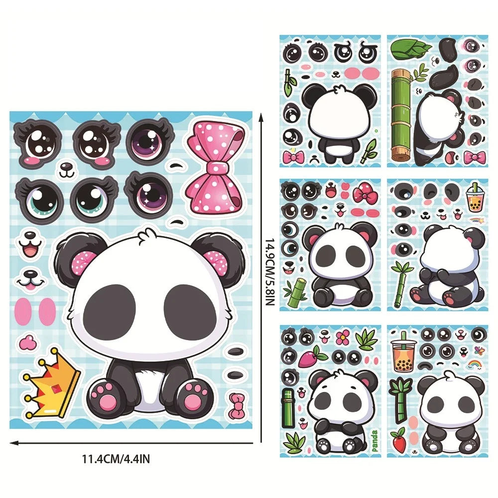 8/16/24Pcs Panda Make A Face Puzzle Stickers, Cartoon Fun Stationery Decals Phone Laptop Fridge Notebook Kids DIY Decor Stickers