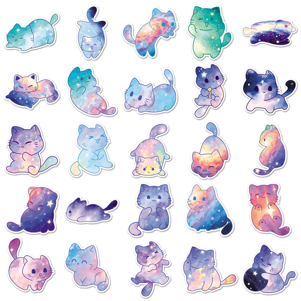 50/100PCS Starry Sky Cat Graffiti Stickers Cartoon Cute Hand drawn Decoration Water Cup Phone Stationery Notebook Reward Sticker