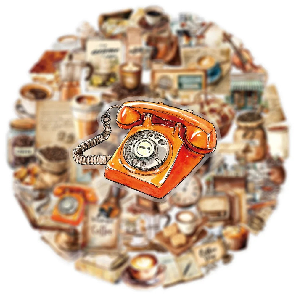 50PCS Retro Coffee Stickers Notebook Phone Guitar Skateboard Computer Water Cup Waterproof Desktop Decoration Stickers