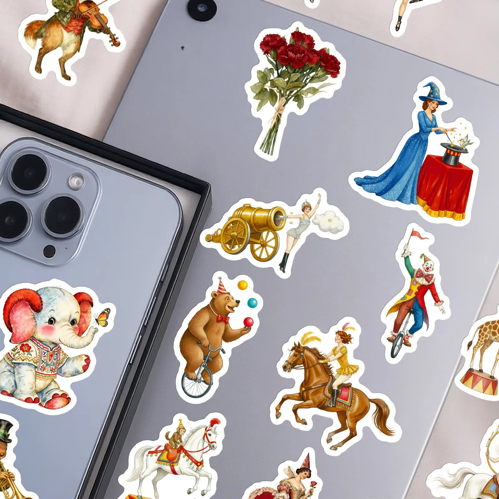 56PCS Circus Clown Animal Vintage Cartoon Stickers, Notebook Phone Suitcase Kids Stationery Creative Waterproof Stickers