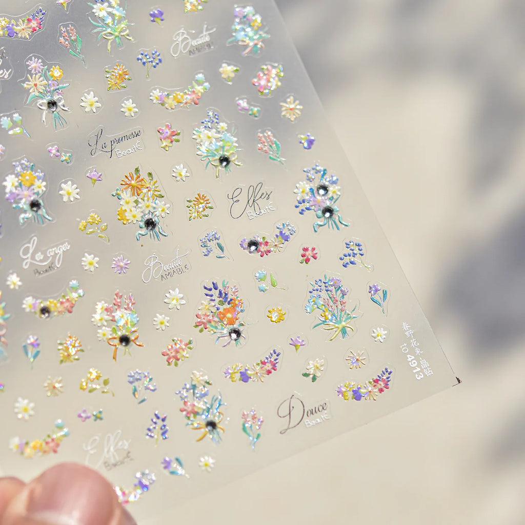 Colorful Daisy Frame Nail Decoration Stickers 5D Crystal Diamond Nail Art Stickers DIY Self Adhesive Bow Flowers Manicure Decals