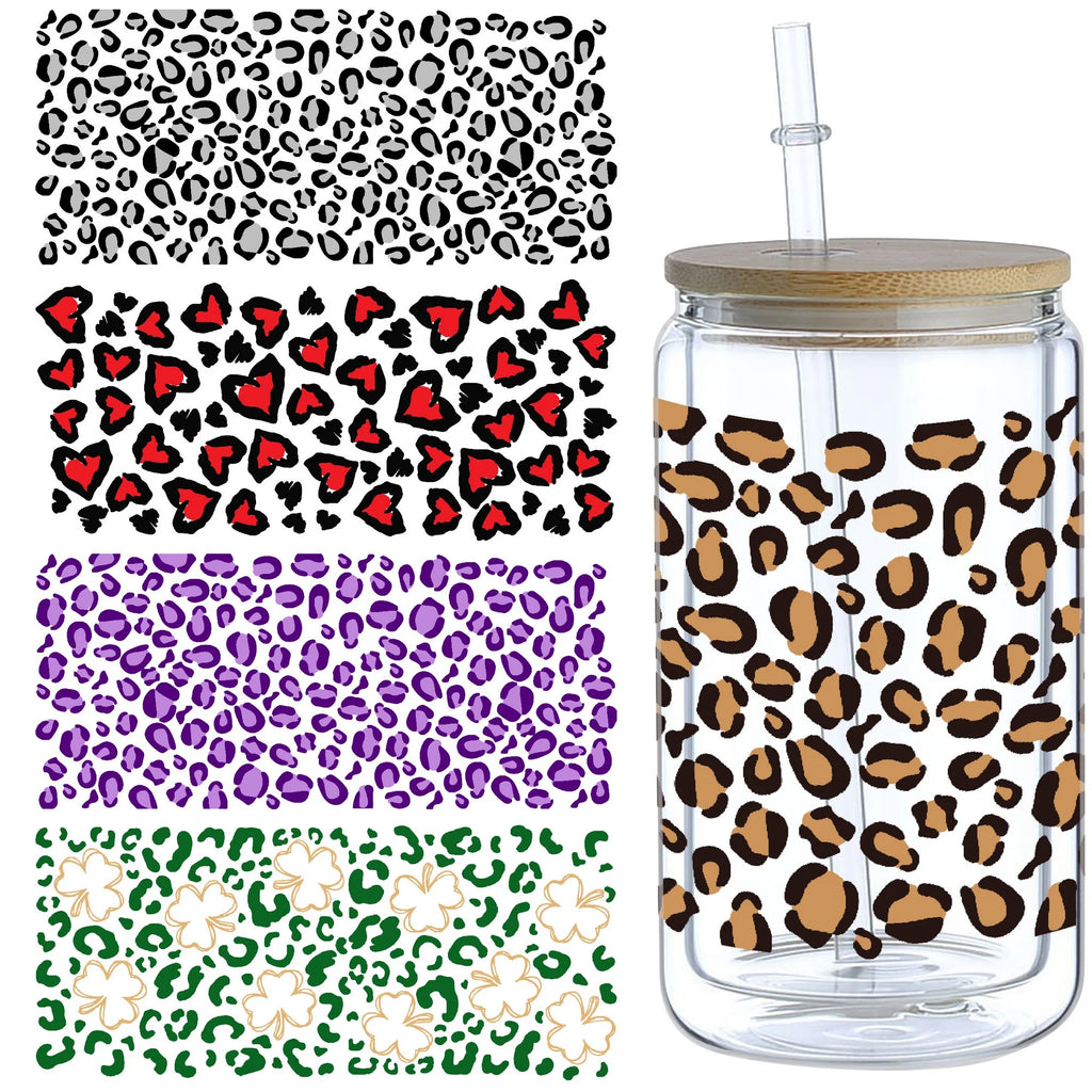 5 sheets Cartoon UV DTF Cup Stickers, DTF Friction Transfer Stickers, Waterproof Leopard Print Transfer Stickers
