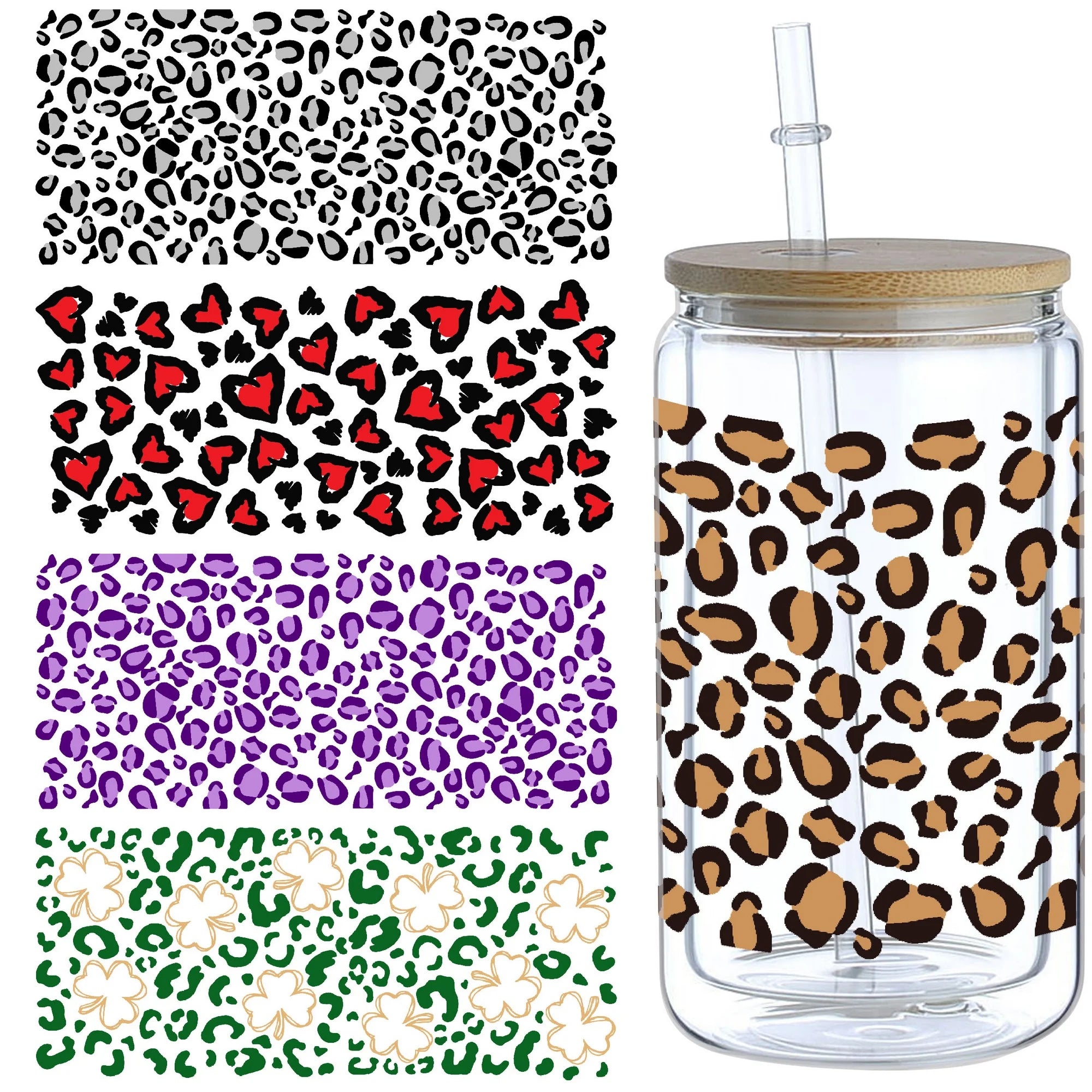 5 sheets Cartoon UV DTF Cup Stickers, DTF Friction Transfer Stickers, Waterproof Leopard Print Transfer Stickers