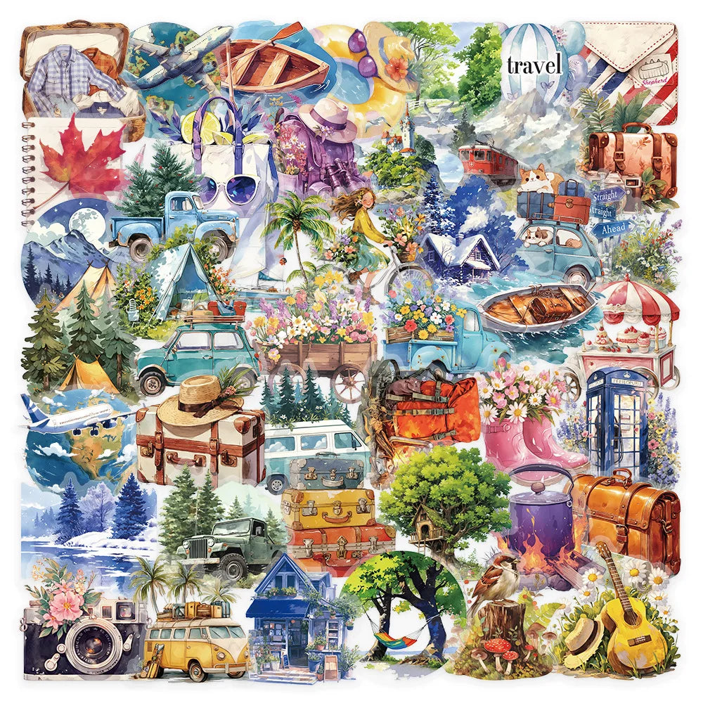 50/100PCS Transparent PET Outdoor Travel Cartoon Stickers Watercolor Camping Creative Painting Decor Flat Stationery Sticker