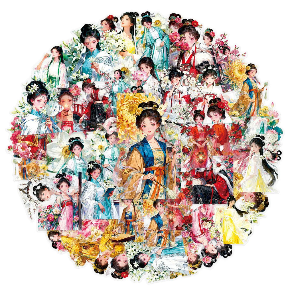 50/100PCS Transparent Stickers Cartoon Girl Hanfu Exquisite PET Notebook Account Stationery Stickers