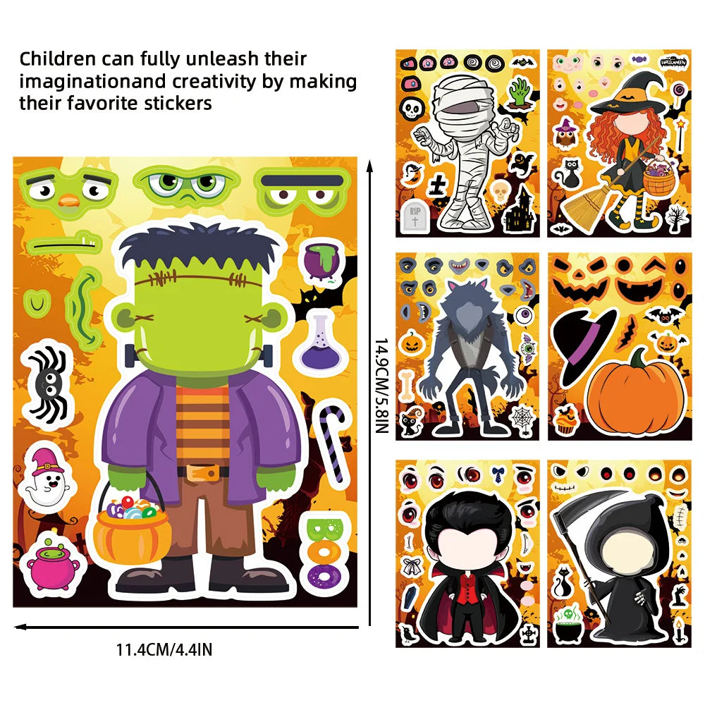 16PCS Halloween Make a Face Stickers Children Puzzle Halloween Party Gift Boxes Gift Stationary Stickers