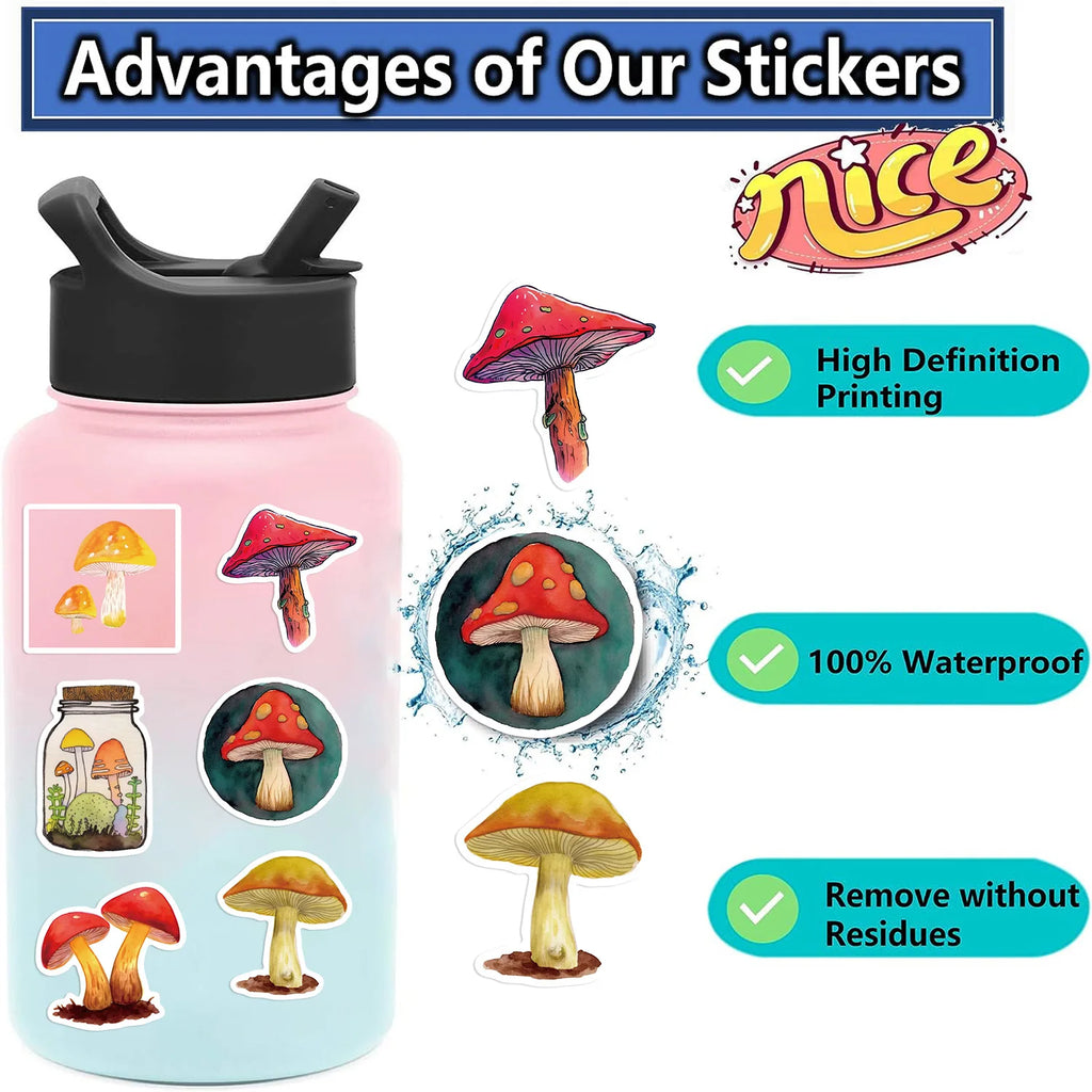 50/200PCS Cartoon Watercolor Mushroom Graffiti Stickers Luggage Guitar Notebook Stationery Decoration Waterproof Stickers