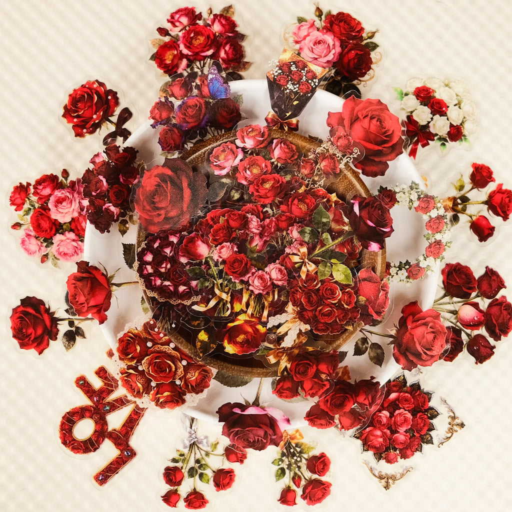 56/112PCS Red Rose Art Transparent PET Stickers Heart shaped Bouquet Holiday Birthday Romantic Decoration Creative Stickers