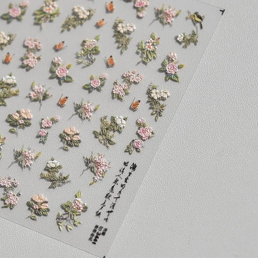 5D Embossed Nail Stickers Elegant Pink Flowers Self Adhesive Nails 3D Decorations Stickers DIY Charms Flowers Nails Art Decals