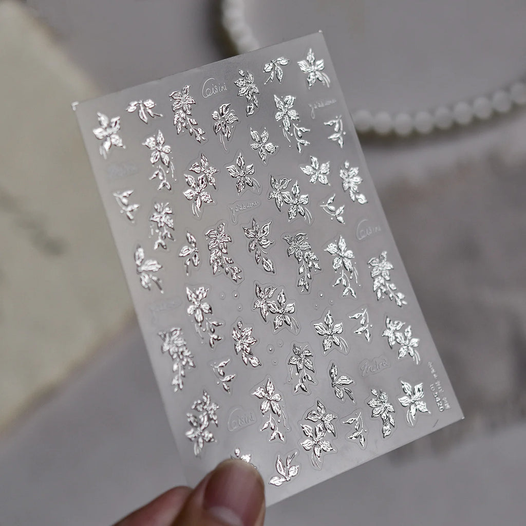 Luxury Metal Hand Painting Nail  Stickers Gold Silver Flowers Nail 3D Decorations Sticker DIY Adhesive Manicure Accessory Decals