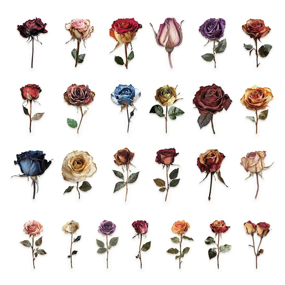 10/30/50 PcsTransparent PET Dried Rose Stickers Handbooks Luggage Decoration Stickers Phone DIY Decoration Stationary Notebook