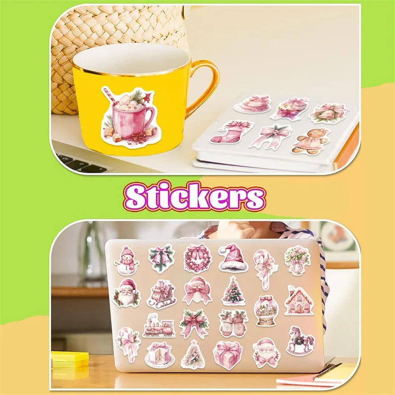 10/30/50PCS Cute Pink Christmas PVC Sticky Sticker Aesthetic DIY Decoration Scrapbooking Children's School Supplies