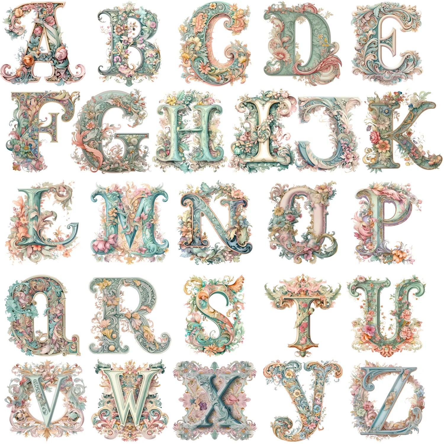 2 Sets of 2 Inch Personalized Floral English Alphabet Theme Print Iron-On Decals for Heat Transfer Galaxy Inspirational Decals