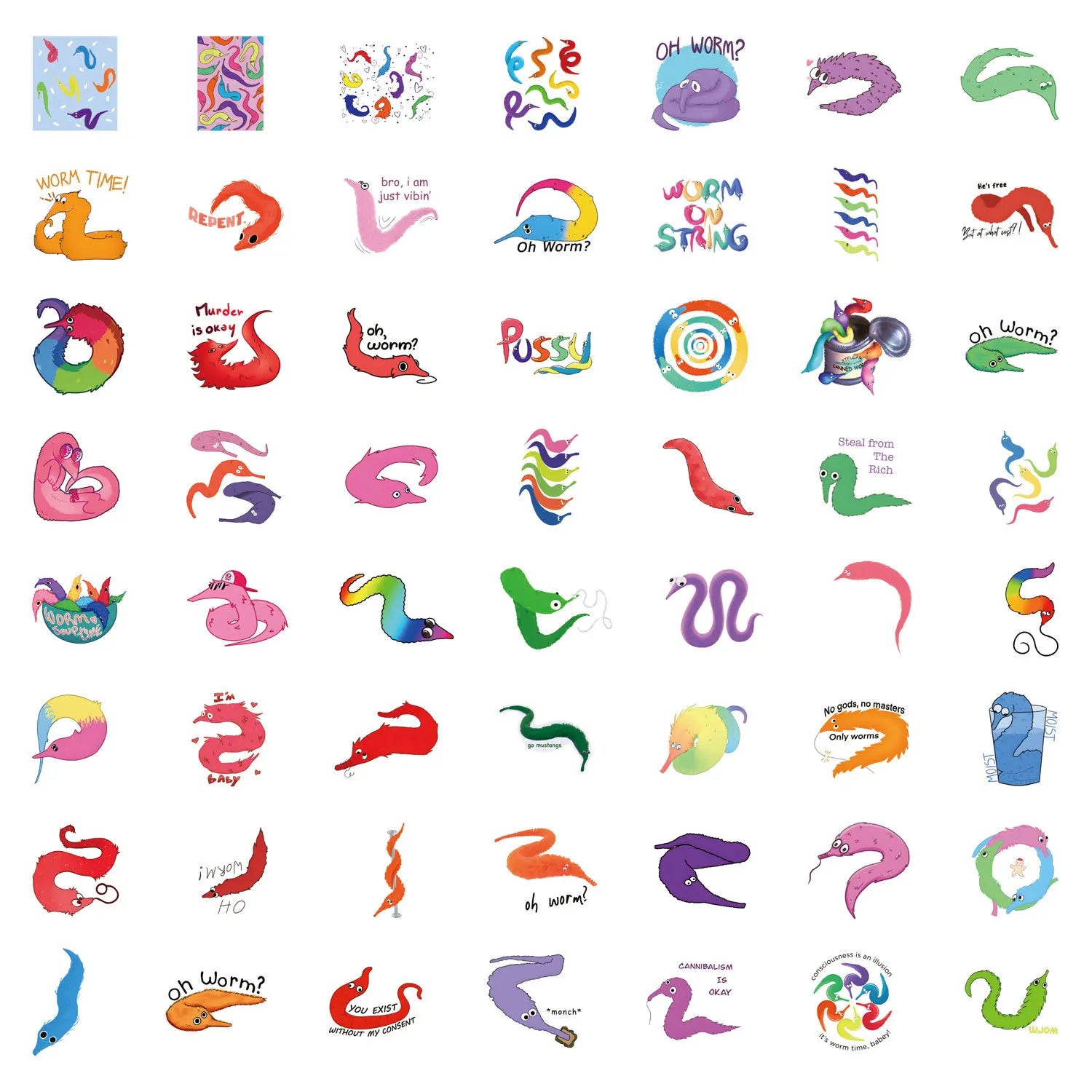55/110PCS Cartoon Worm Graffiti Sticker Car Luggage Cup Scooter Stationery Notebook Sticker