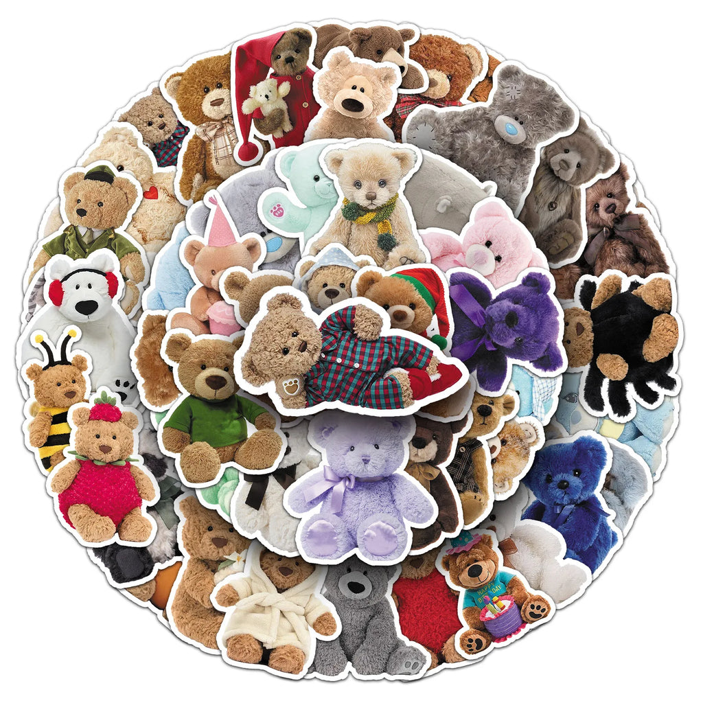 50/100PCS Cartoon Plush Toy Bear Stickers Cute Realistic Animal Waterproof Decoration Storage Box Phone Stickers