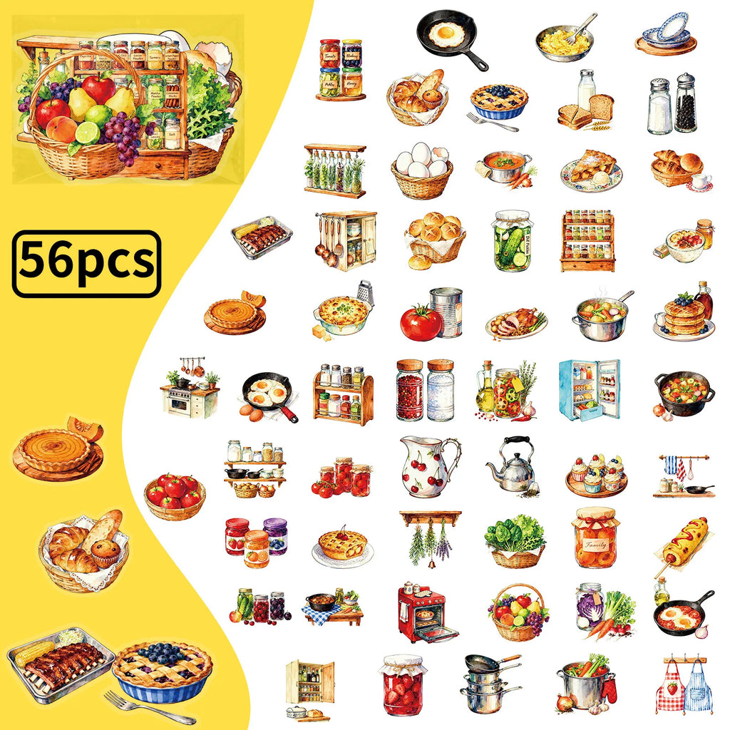 56/112Pcs BBQ Food Kitchen Theme PET Stickers, Stationery Notebook Phone Guitar Gift Box Luggage Fridge Decor Aesthetics Decals