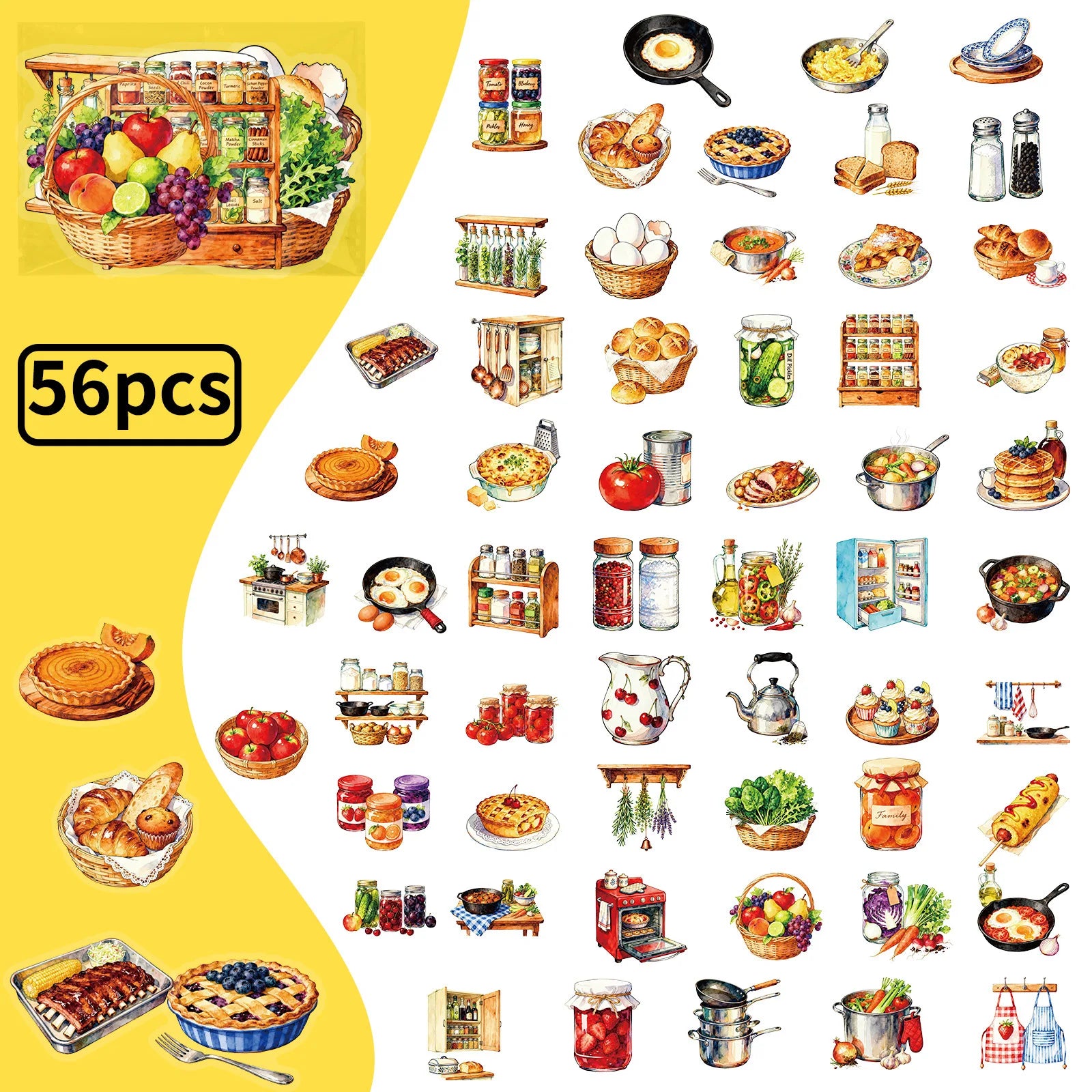 56/112Pcs BBQ Food Kitchen Theme PET Stickers, Stationery Notebook Phone Guitar Gift Box Luggage Fridge Decor Aesthetics Decals