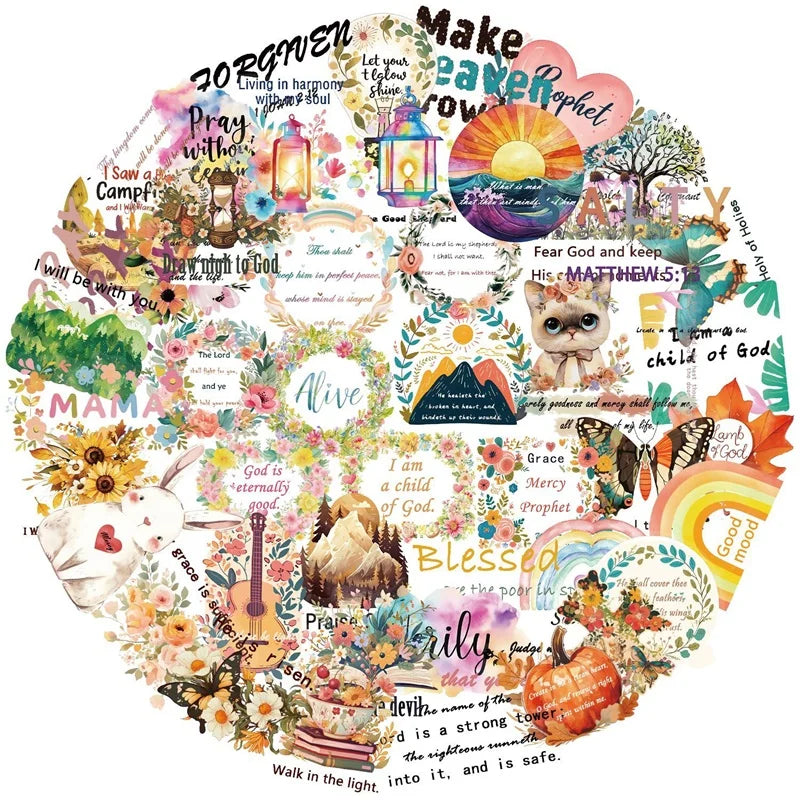50PCS Cartoon Inspirational PET Sticky Sticker Aesthetic Tear Open DIY Children's Decoration Scrapbooking Stationery Supplies