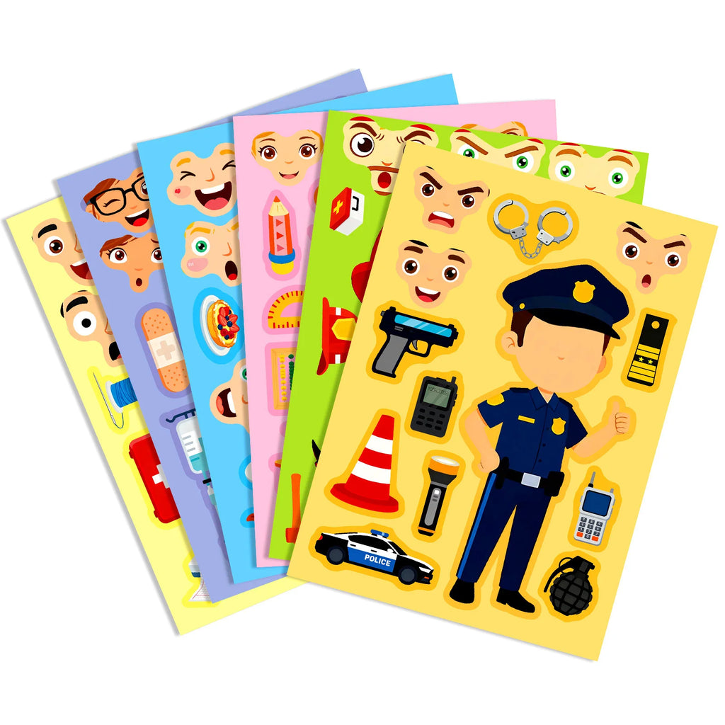 6/12 Pcs Large Different Profession Puzzle Make A Face Stickers Educational DIY for Notebook Stationery Box Desk Drawer Craft