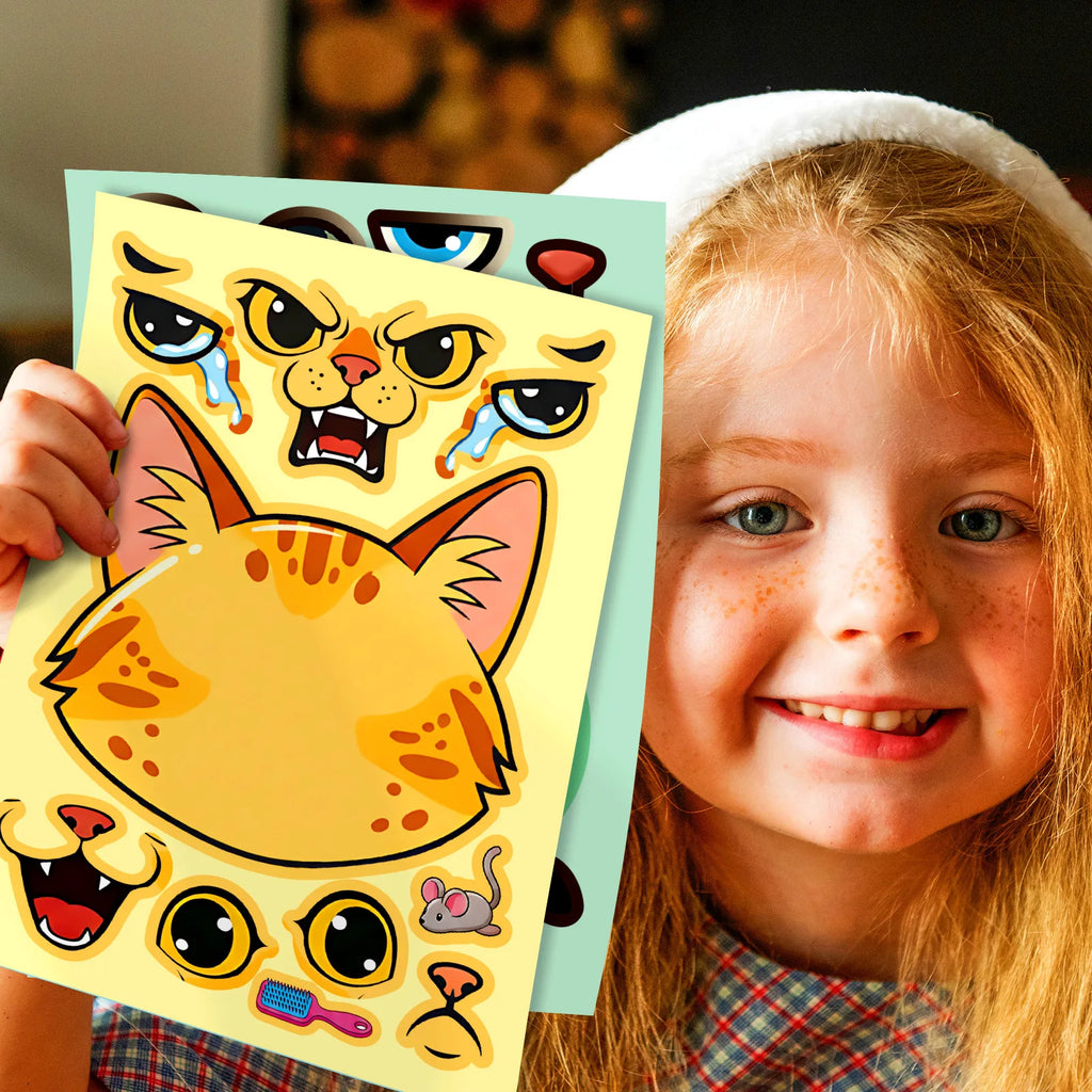 6/12 Pcs Large Cartoon Cat Face Puzzle DIY Game Stickers for Scrapbook Desk Toy Shelf Furniture Fun Decals