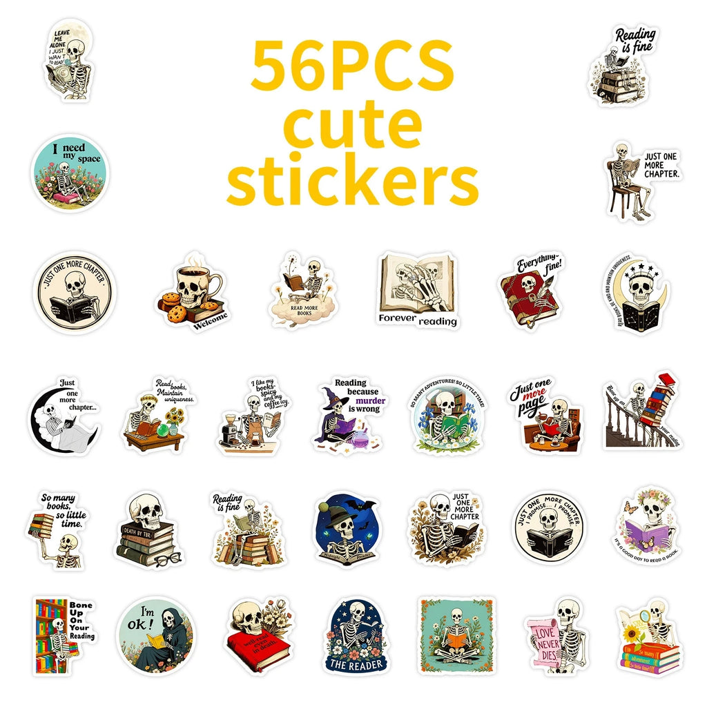 56PCS Skeleton Reading Graffiti Stickers Creative Personalized Cartoon Text Stickers Decorative Guitar Notebook