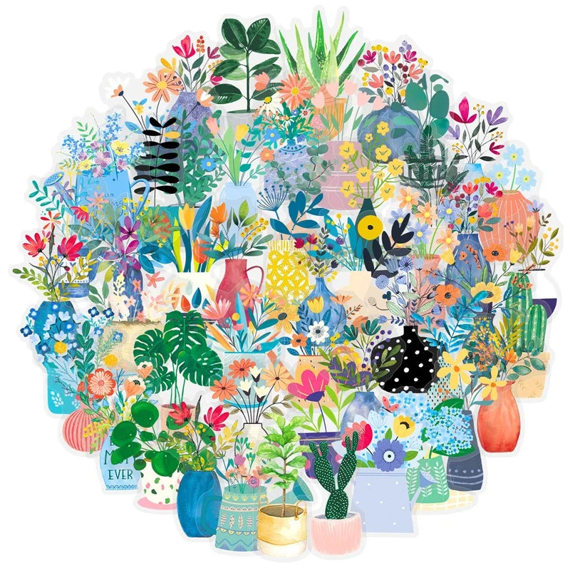 50PCS Fresh Nordic Style Plant PET Sticky Sticker Aesthetic Tear Open Decoration Scrapbooking Stationery Supplies for Kids