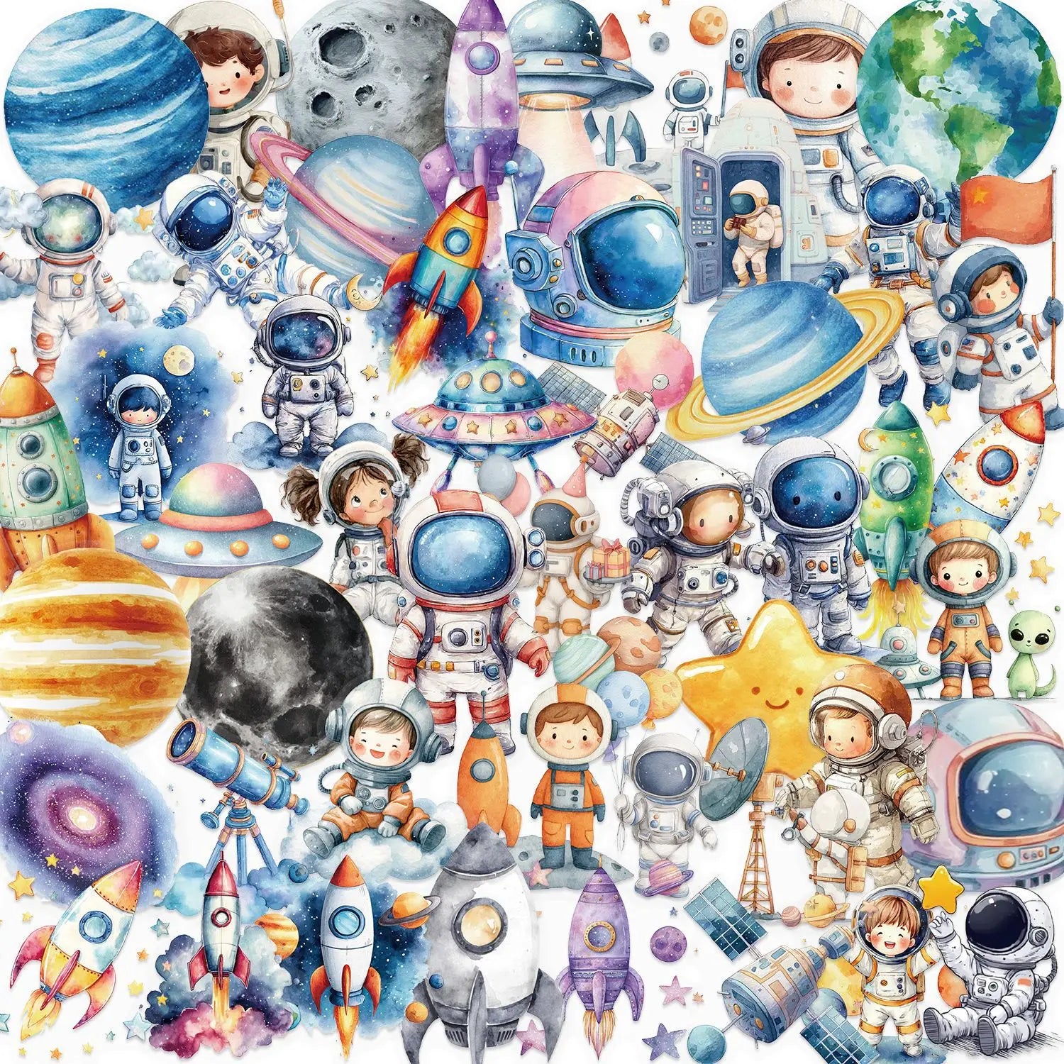 50/100Pcs Clear Cartoon Space Astronaut Waterproof Stickers DIY for Suitcase Phone Stationery Box Notebook Desk Cup Eco-Friendly