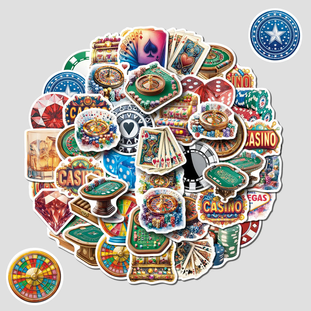 50/100 Pcs Cartoon Casino Props Colorful Doodle Stickers DIY Game for Laptop Phone Suitcase File Holder Removable Decals