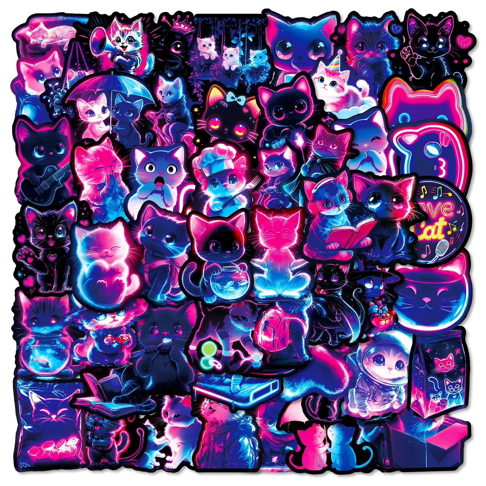 56PCS Neon Cat Graffiti Stickers Cool Colorful Lights Cartoon Cat Skateboard Decoration Stickers For Stationary Notebook