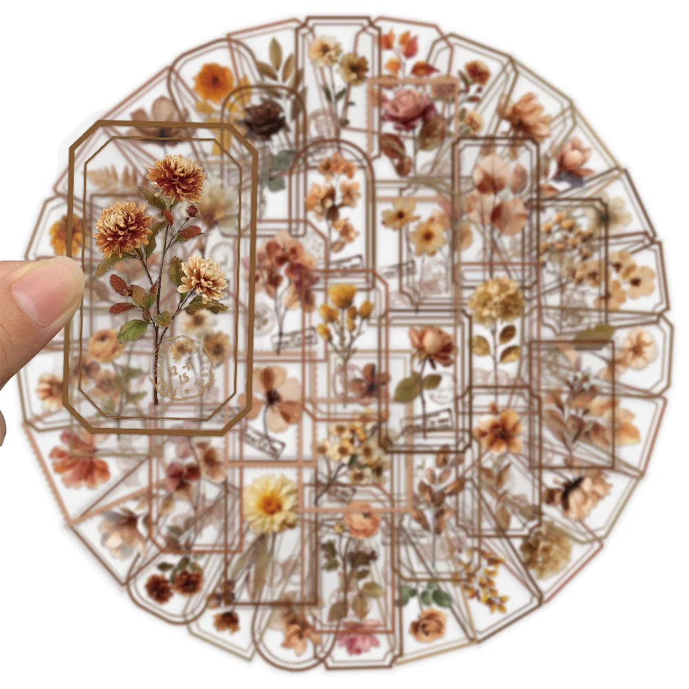 50PCS Old Business Flower Picking Decoration Transparent Sticker Pack DIY Scrapbook Phone Case Laptop Tablet Toy Stickers