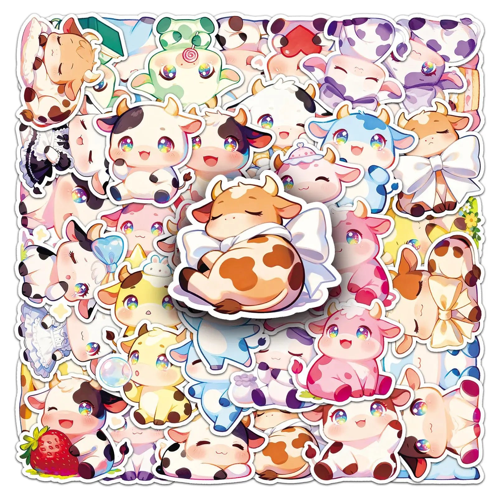 50-Pack Cute Colorful Cow Cartoon Animal Sticker Waterproof DIY Decor Stickers for Phone Case Insulated Mug Student Stationery