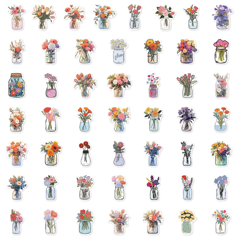 50PCS Color Bottle Flower Sticker Pack Waterproof Stickers DIY Brochure Flower Material Decoration Notebook Waterproof Stickers