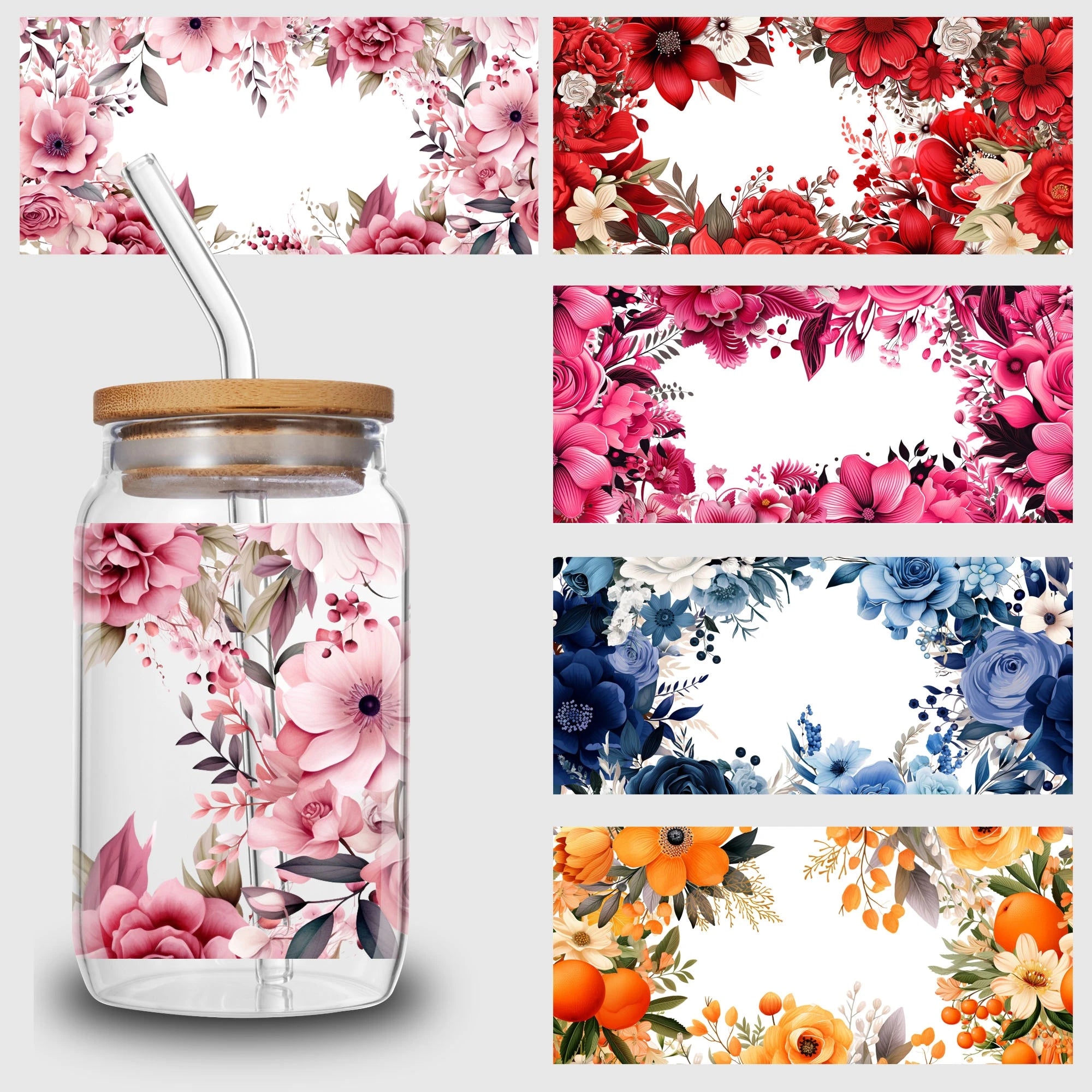 5 Sheets Plant UV DTF Cup Stickers, DTF Friction Transfer Stickers, Waterproof Butterfly Transfer Stickers for 16oz Glass Cups