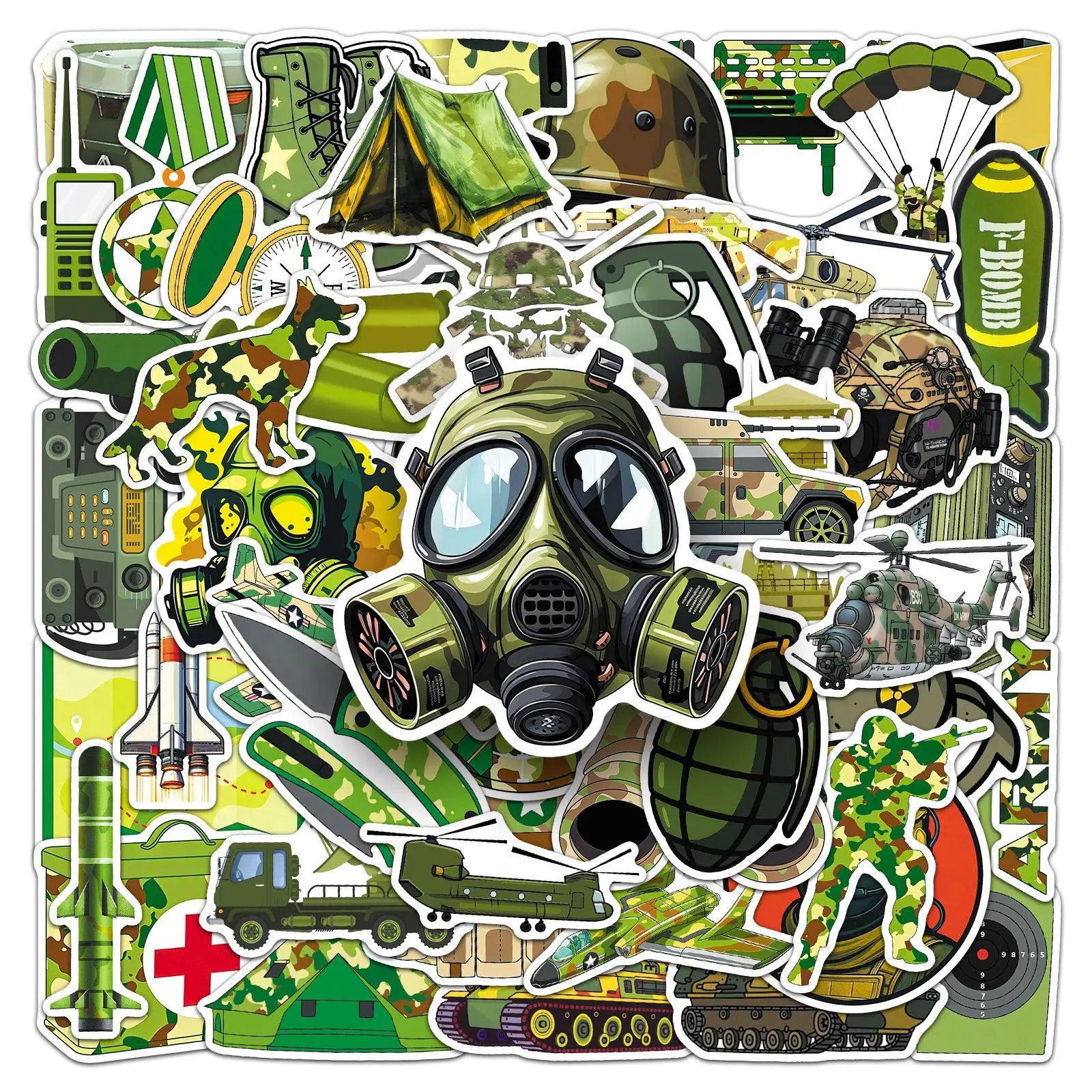 50-Pack Green Camouflage Military Gear Stickers Waterproof Cartoon Graffiti Decals for Helmet Car Phone Laptop