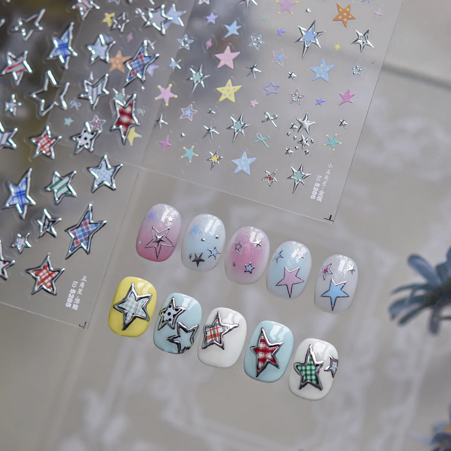 5D Bronzing Laser Pentagram Nails Sticker 3D Metallic Effect Exquisite Colorful Star Self Adhesive Nail Art Stickers Decals DIY