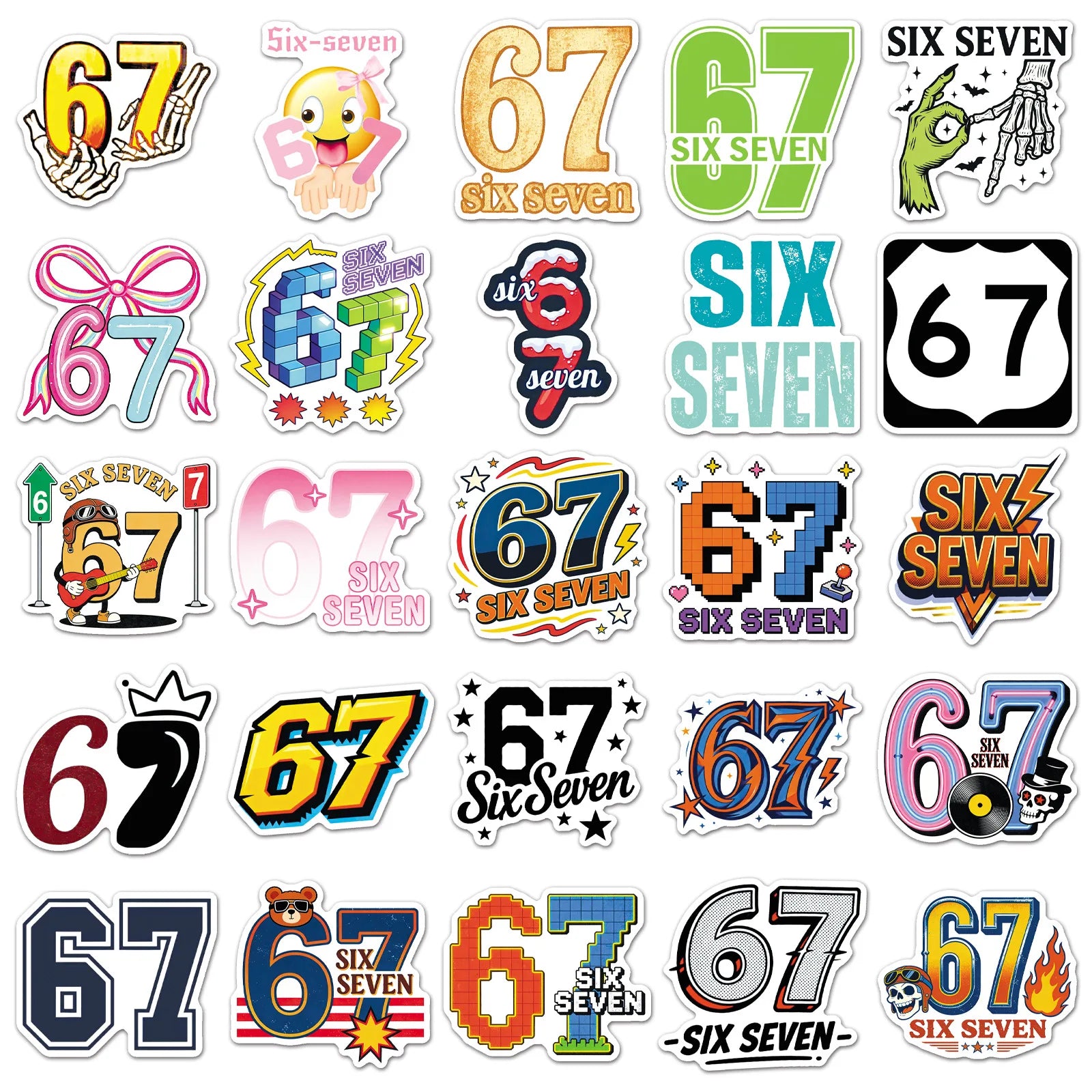 50PCS Cartoon Number 67 Stickers, Funny Meme Six Seven Student Stationery Notebook Waterproof Decorative Stickers