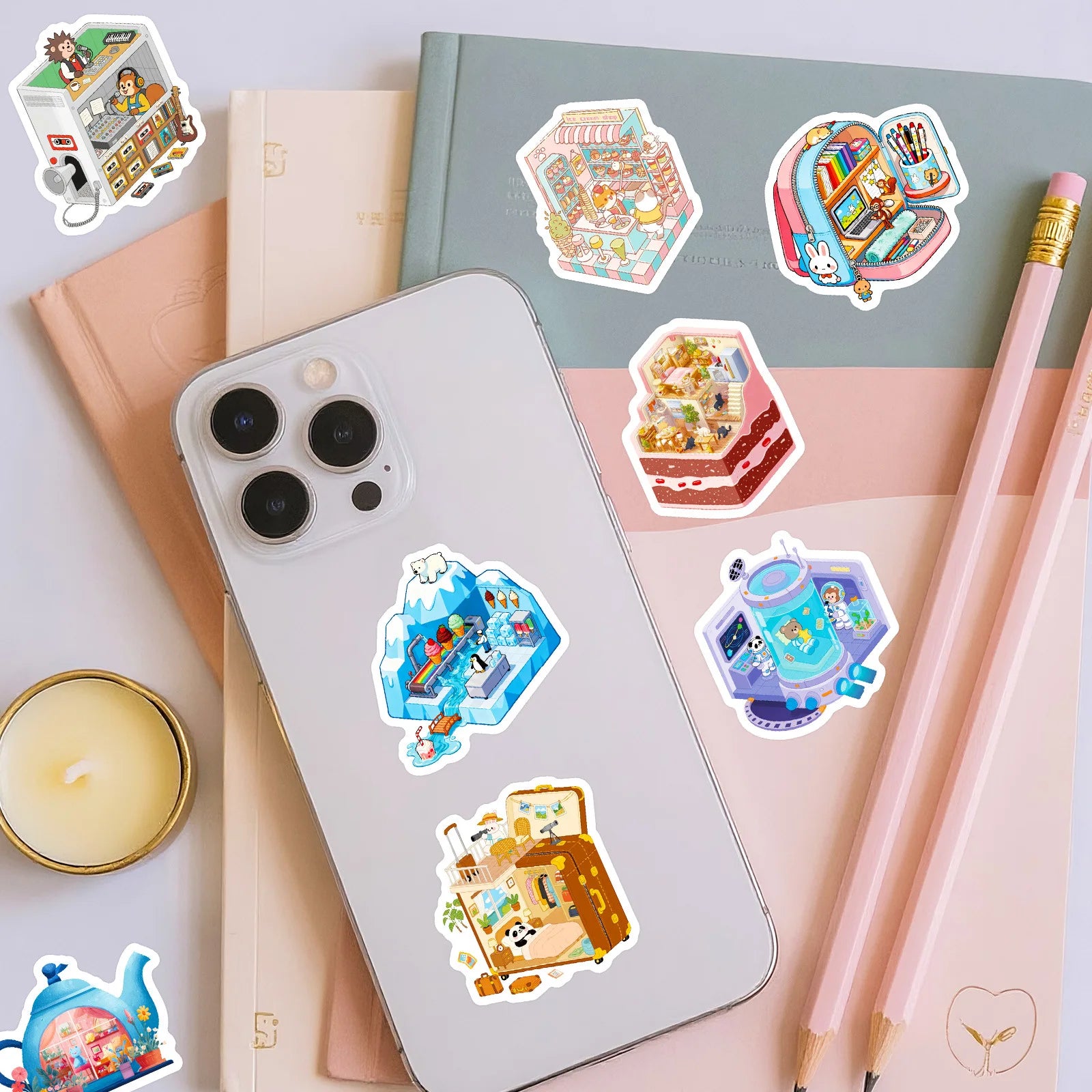 56PCS Cute 3D Scene Stickers, Office School Supplies Children Notebook Stationery Suitcase Waterproof Art Sticker