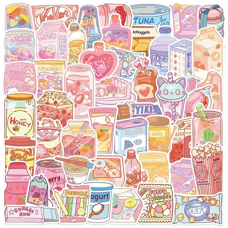 10/30/50PCS Kawaii Ins Snack PVC Sticky Sticker Aesthetic DIY Decoration Scrapbooking School Stationery Supplies for Kids