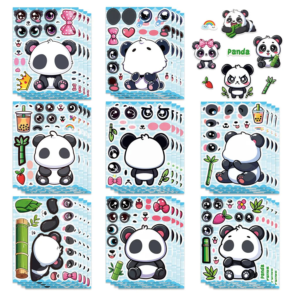 8/16/24Pcs Panda Make A Face Puzzle Stickers, Cartoon Fun Stationery Decals Phone Laptop Fridge Notebook Kids DIY Decor Stickers