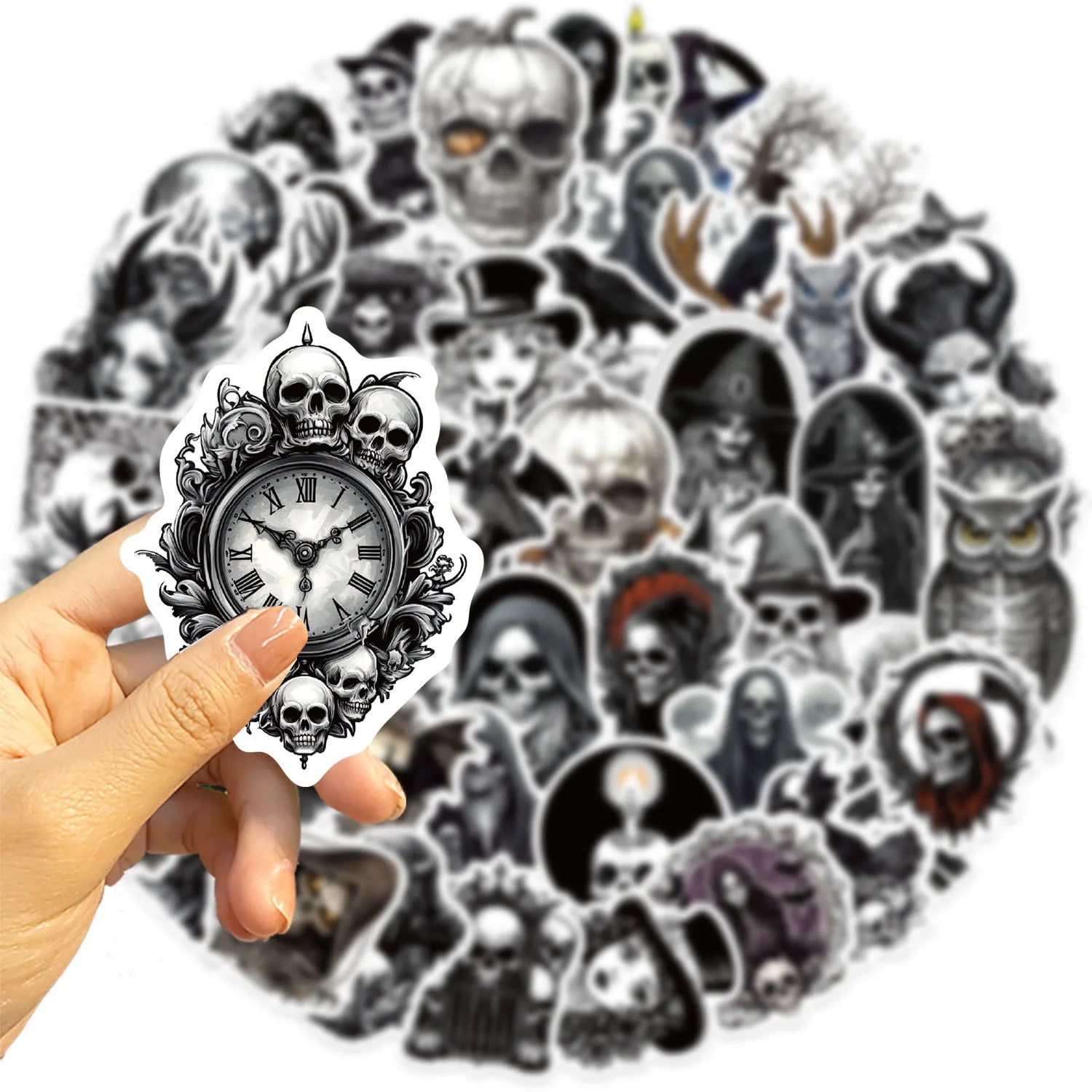 50 Pcs Cartoon Black & White Skeleton Graffiti Stickers Decorate Guitar Notebook Luggage DIY Waterproof Stickers For Gifts