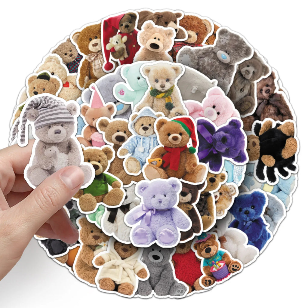 50-Pack Plush Teddy Bear Doodle Stickers Storage Box Tablets Phones Stationery Notebook Waterproof Decorative Sticker