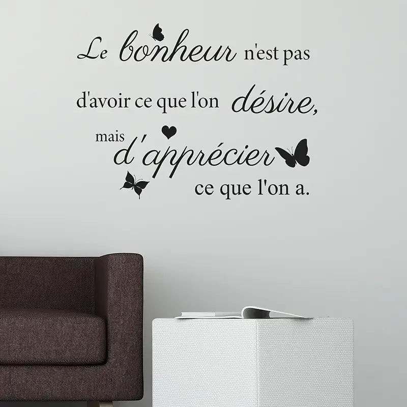 Self-Adhesive Removable Black French Calligraphy Wall Decal "Happiness is Appreciating What You Have" - Elegant PVC Sticker Suit