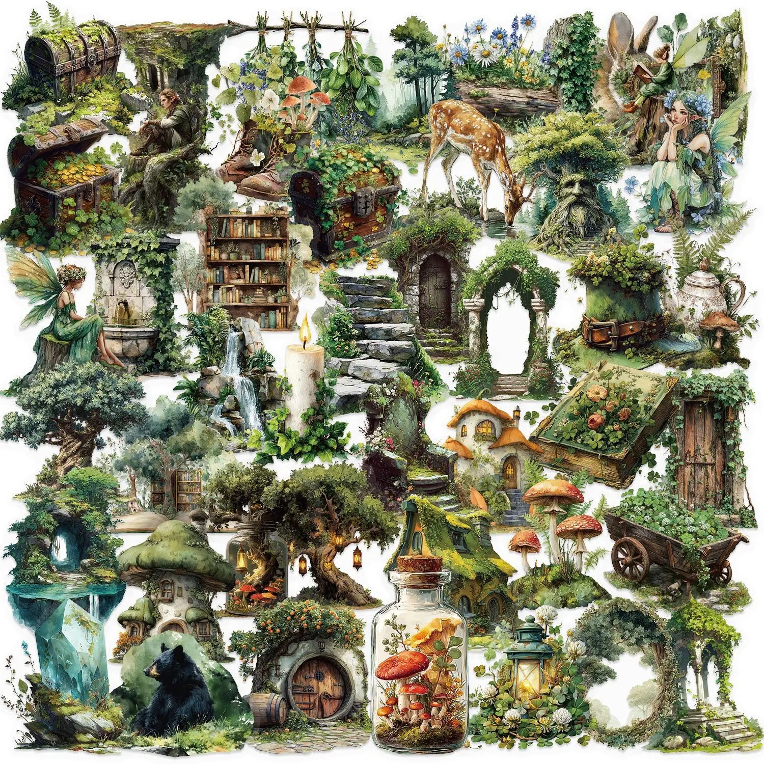 50/100PCS Cartoon Green Forest Sticker Pack Waterproof Transparent PET for Laptop Stationery Decoration Guitar Notebook Stickers