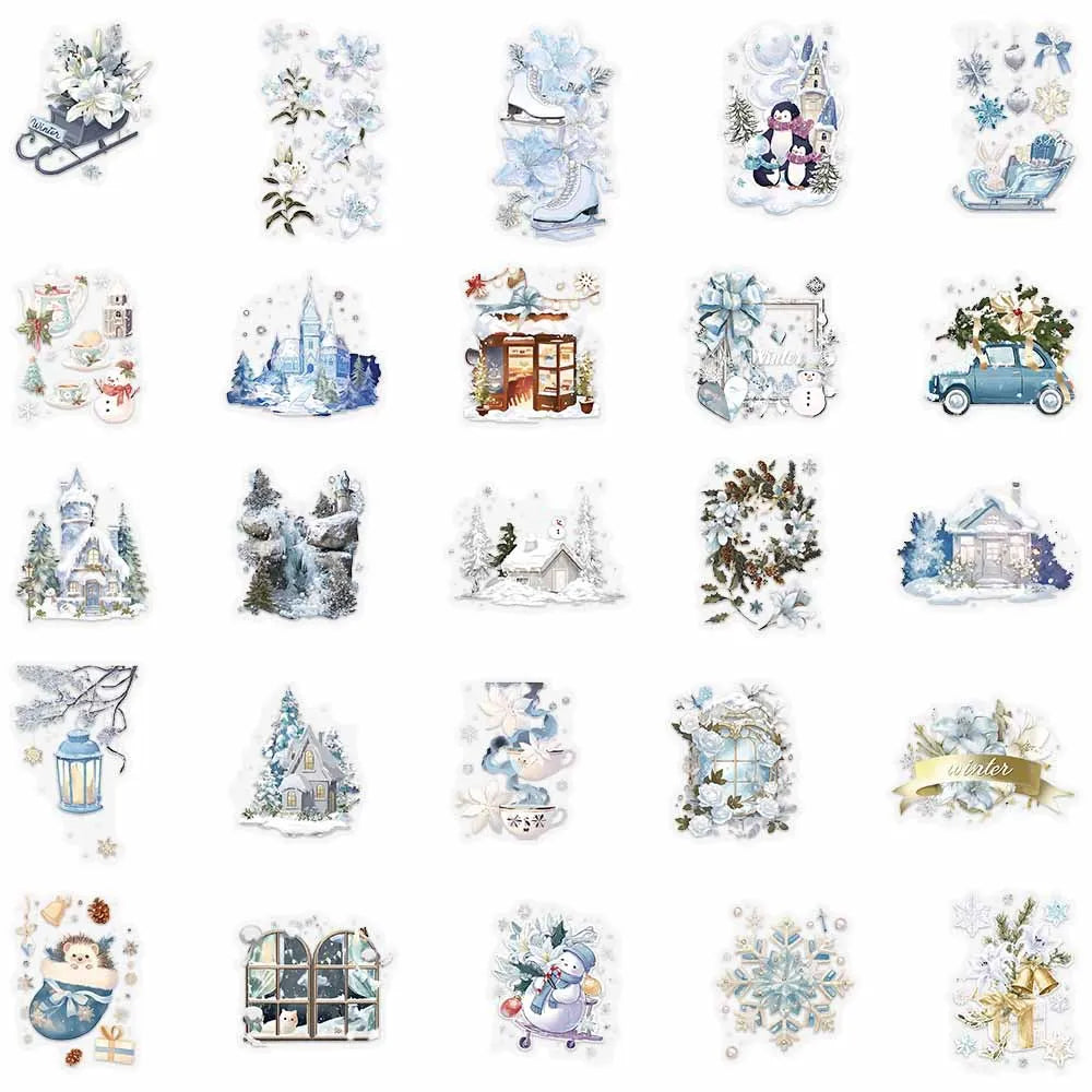 50-Pack Winter Watercolor Transparent PET Stickers for Journal Phone Case Notebook DIY Waterproof Decoration