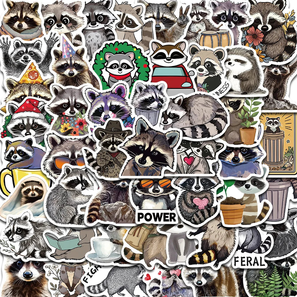 50PCS Cartoon Raccoon Sticker Nostalgia Home Decorated PVC Skateboard Coffee Art Picture Classic Waterproof  Bar Decal ﻿